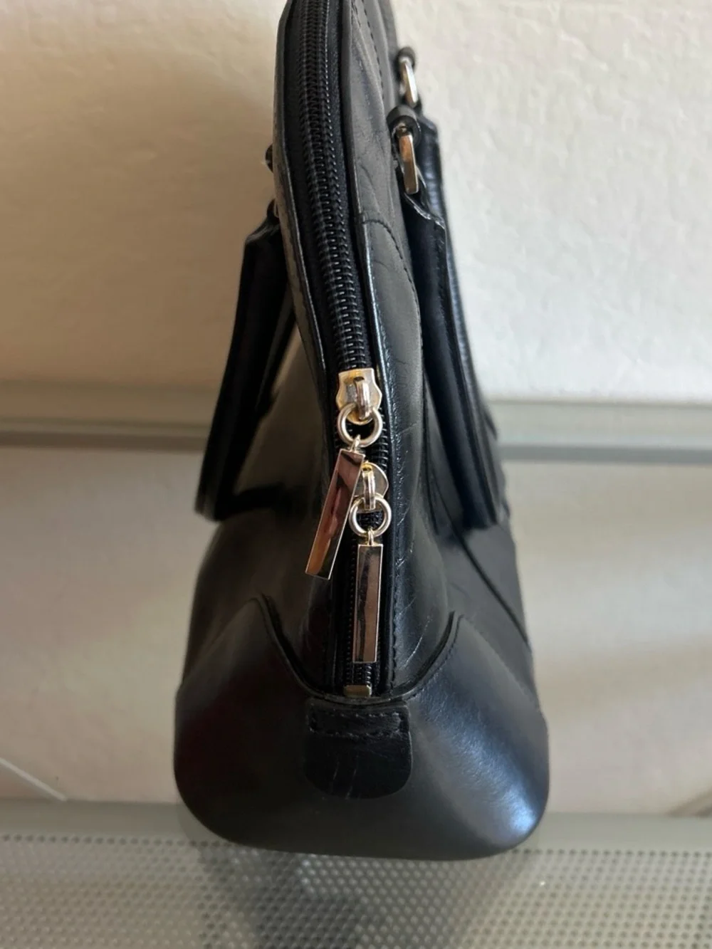 Black Faux Leather Dome Satchel Bag